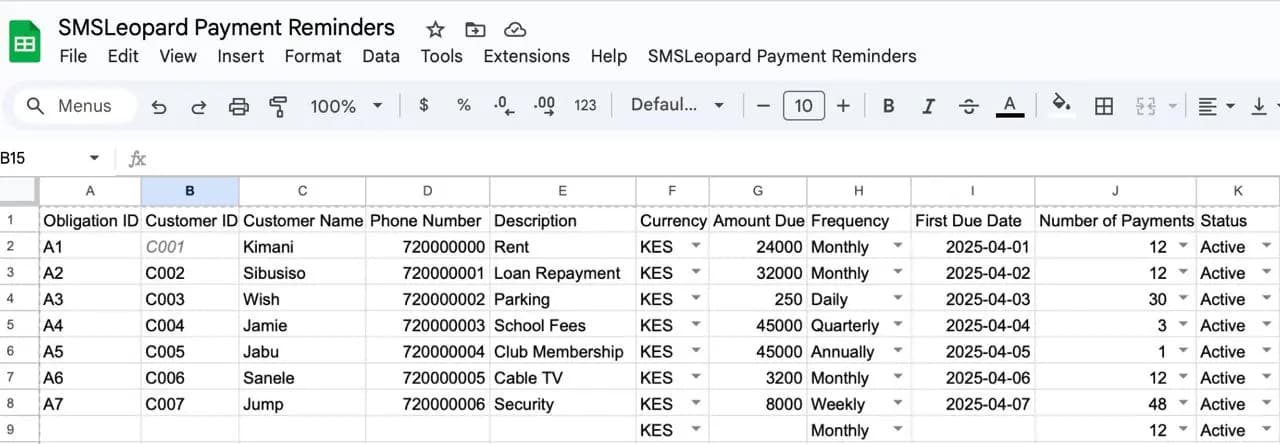 Payments Collection Spreadsheet