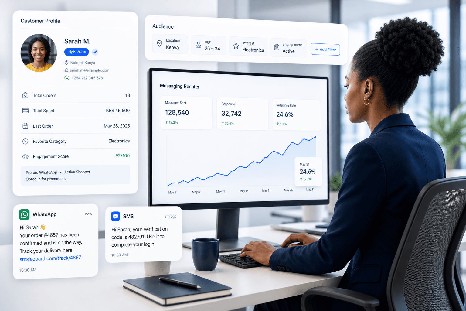 Business operator using customer profiles, audience targeting, WhatsApp and SMS messaging, and measurable engagement results