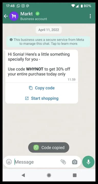 WhatsApp coupon template example